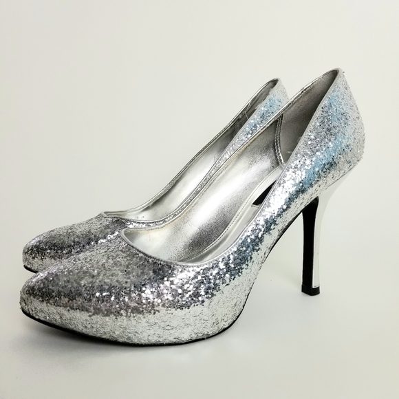 Silver‎ glitter heels party shoes 9M - Picture 1 of 6
